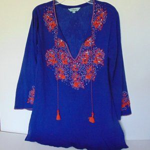 SULU Blue Tunic Top  Beaded Boho Bohemian Size 2